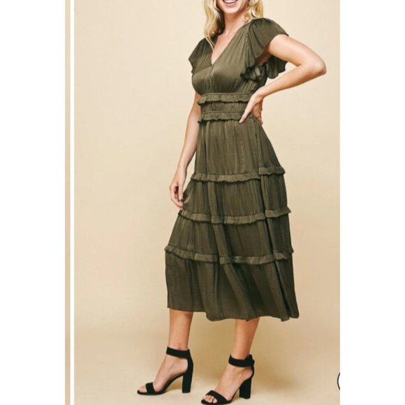 Pinch Tiered Maxi Dress L Large Olive Green Silky Short Flutter Sleeve NEW - Picture 5 of 16